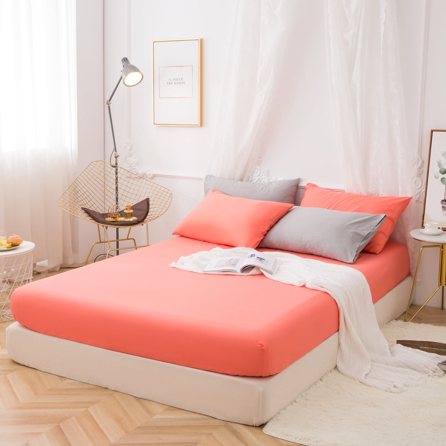 MOHAP Drap Housse 160x200cm avec Bonnet 30cm Corail Drap Housse 100 GSM en Microfibre de Haute Qualité 100% Polyester Doux, Résistant, Anti Plis