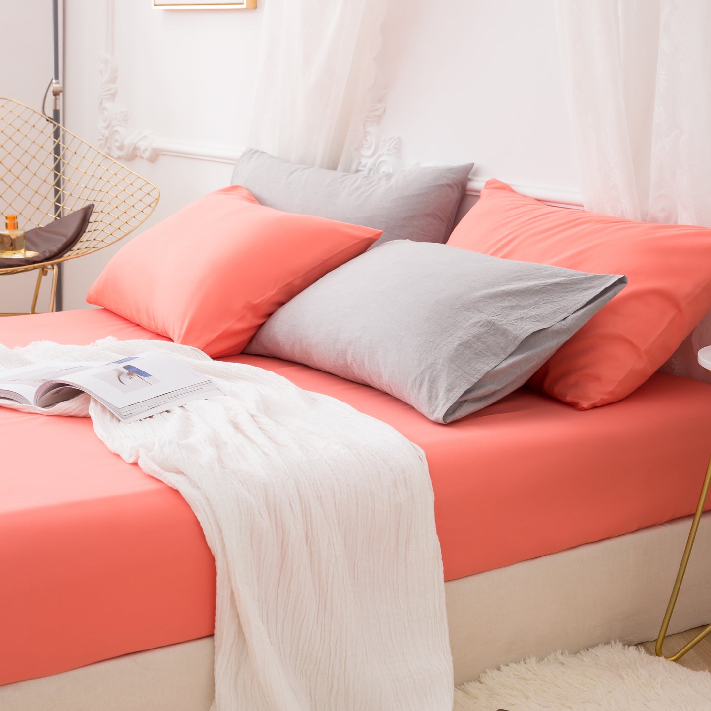 MOHAP Drap Housse 160x200cm avec Bonnet 30cm Corail Drap Housse 100 GSM en Microfibre de Haute Qualité 100% Polyester Doux, Résistant, Anti Plis