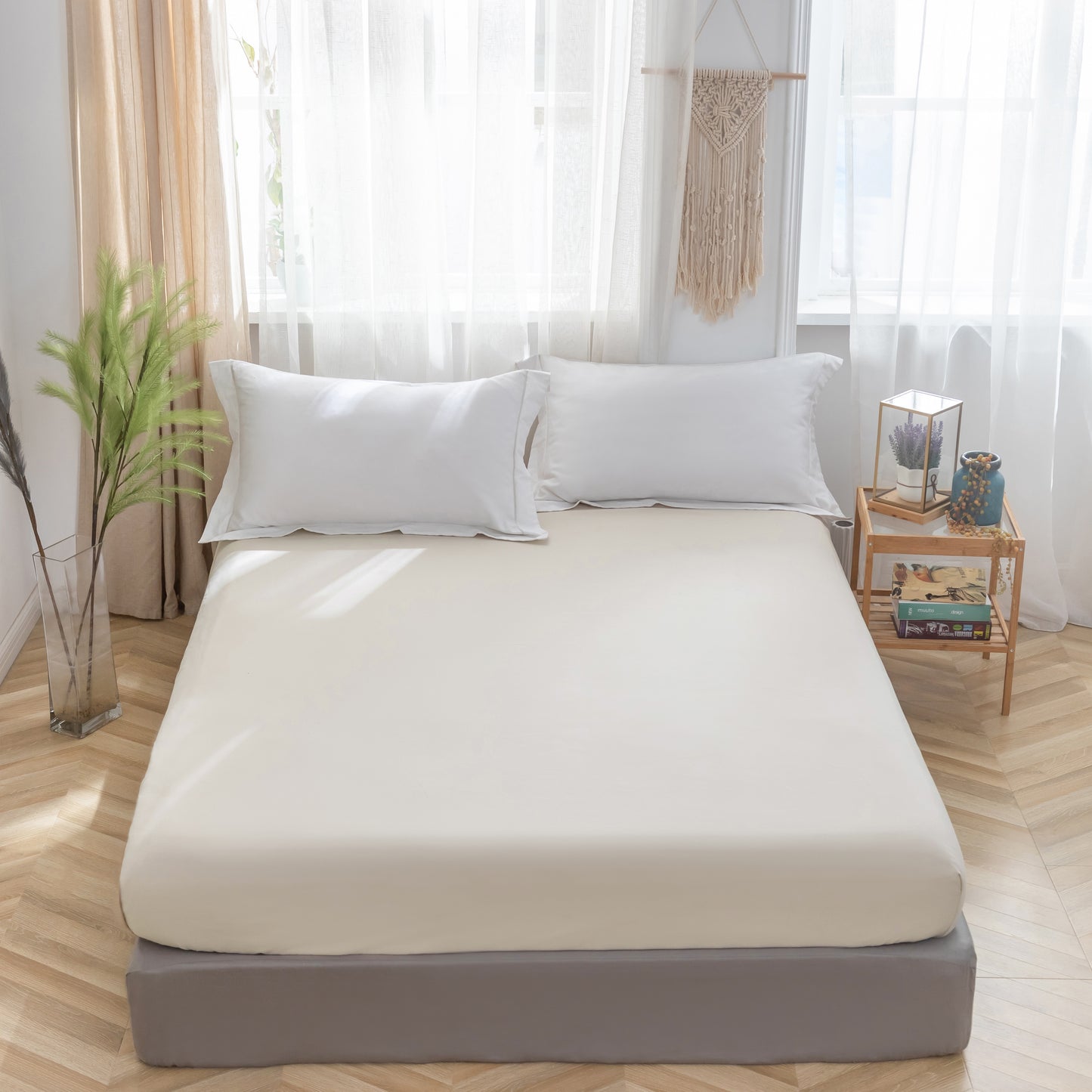 MOHAP Drap Housse 160x200cm avec Bonnet 30cm Beige Drap Housse 100 GSM en Microfibre de Haute Qualité 100% Polyester Doux, Résistant, Anti Plis